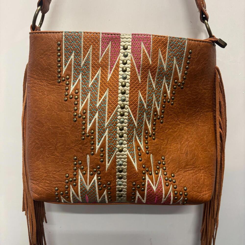 P&G Brown Faux Leather Fringe Crossbody Bag Boho Western Embroidered